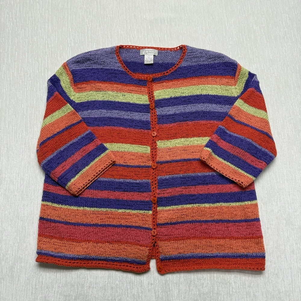 Christopher & Banks Cardigan Sweater Women Large Striped Rainbow Colorful Fun